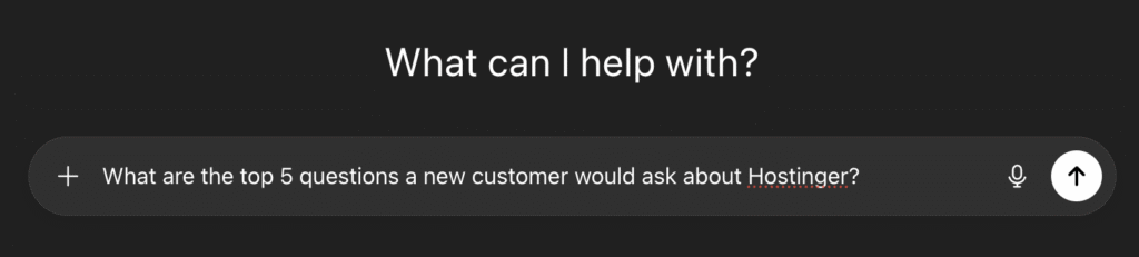 Example of prompting ChatGPT about top questions about Hostinger