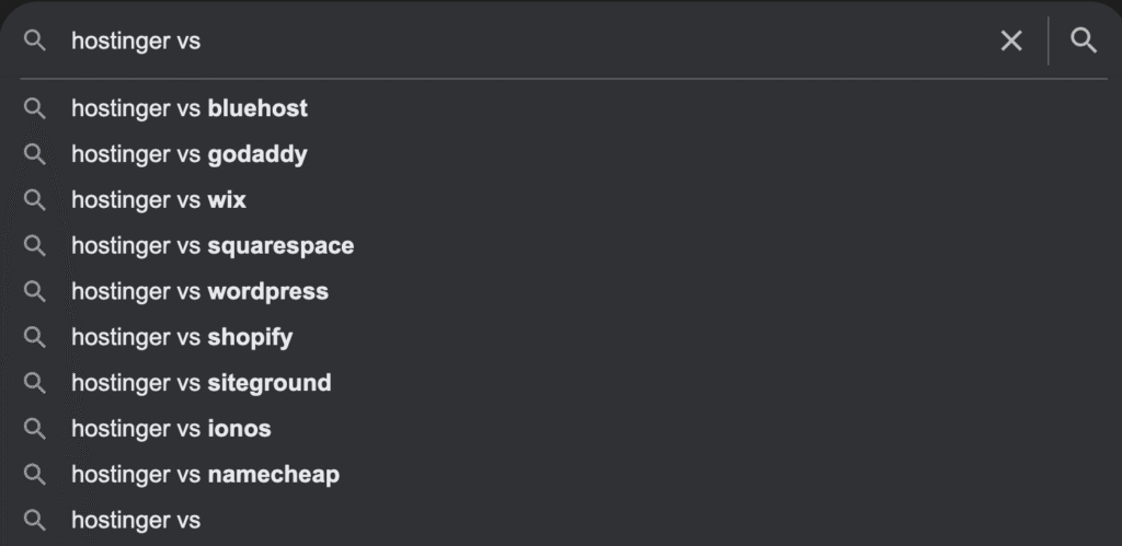 Google Autocomplete results for "hostinger vs"