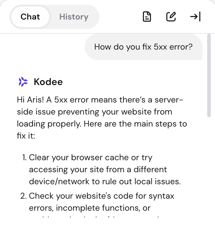 Kodee interface showing an interaction between Kodee and a user about resolving an error