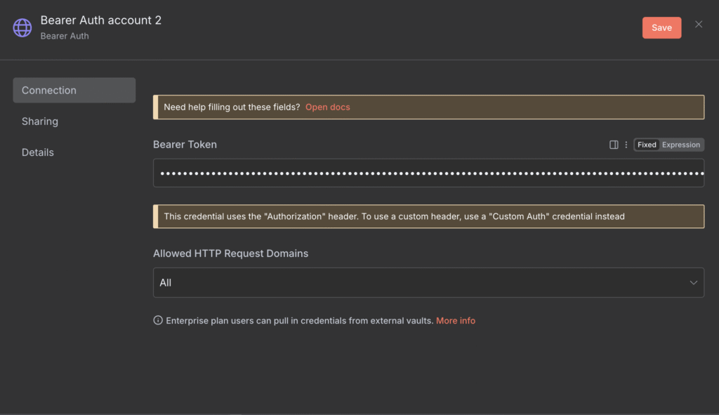 The n8n bearer authentication configuration menu