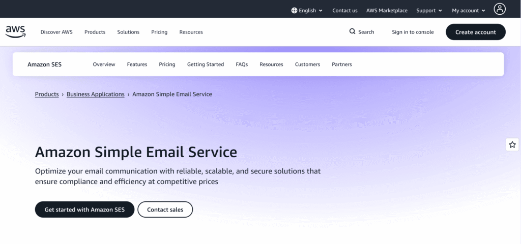 Homepage of Amazon SES
