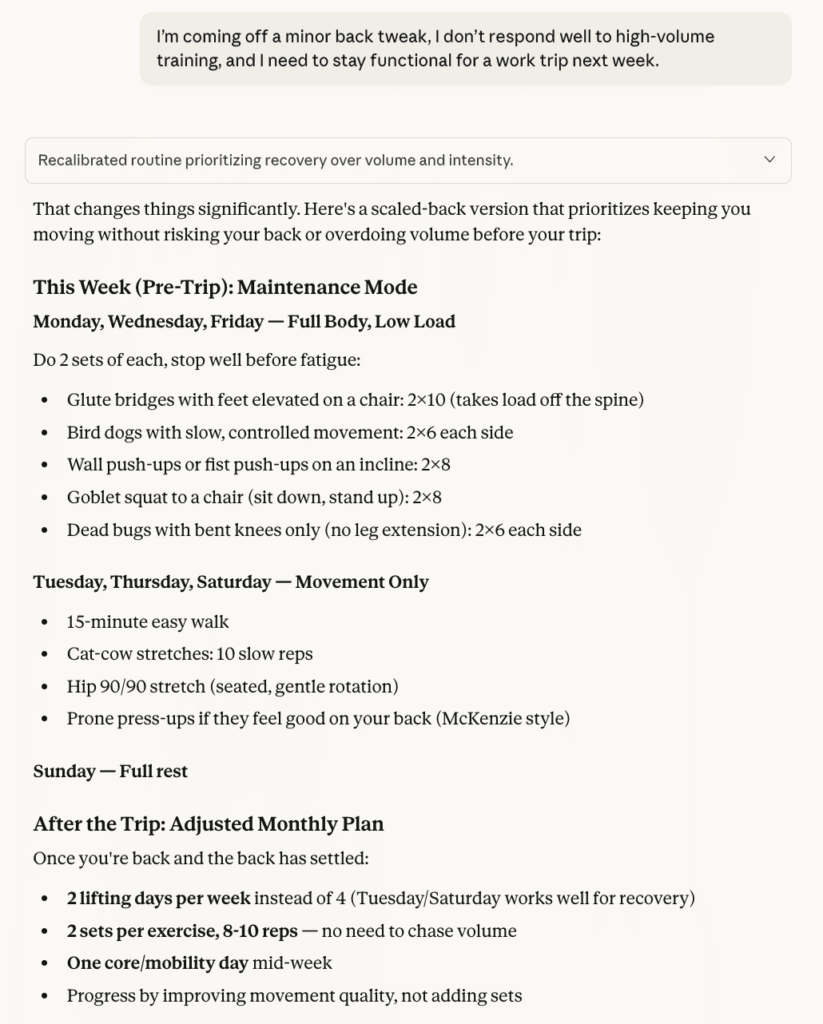 Claude AI generating a 30-minute workout routine adjusted for a thumb injury.