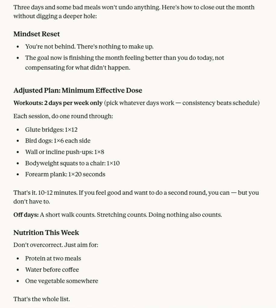 Claude AI adjusting a workout plan after a missed week due to stress and busy schedule.