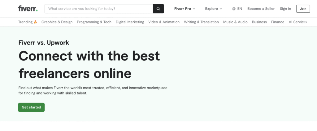 Fiverr homepage promoting online freelance services
