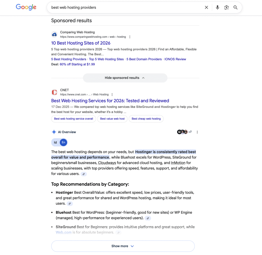 Google search results page showing sponsored ads, organic listings, and AI Overview sections