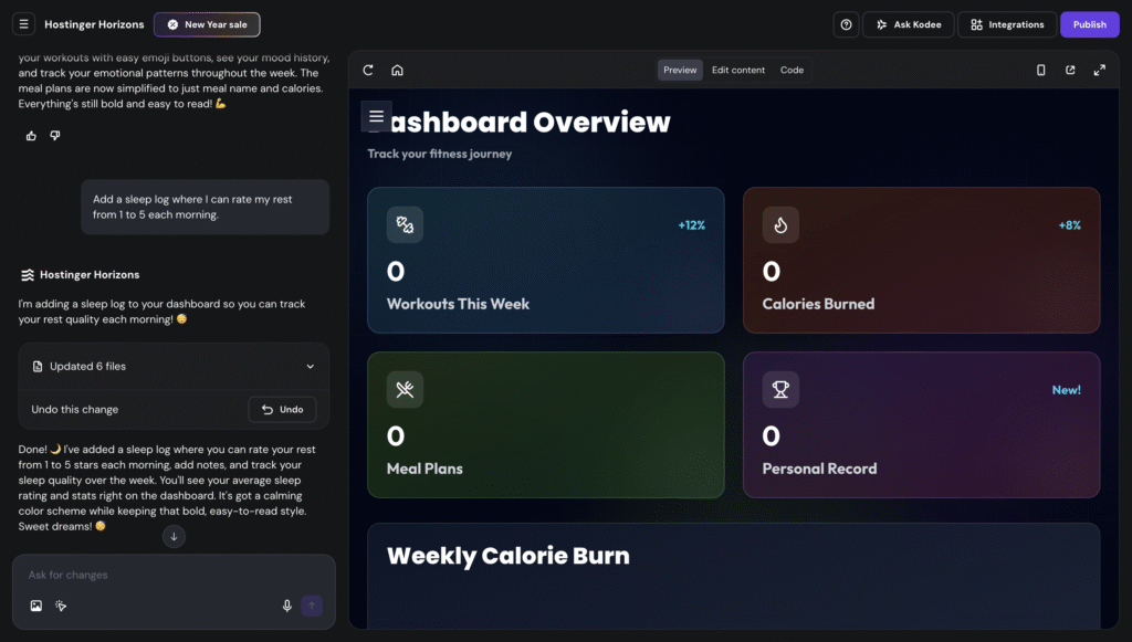 Hostinger Horizons interface showing the prompt pane and live app preview side by side.
