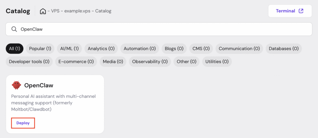 The Deploy button for OpenClaw in hPanel's Docker Catalog menu