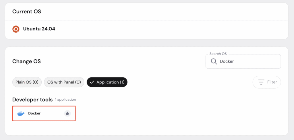 The Docker template in hPanel's Change OS section