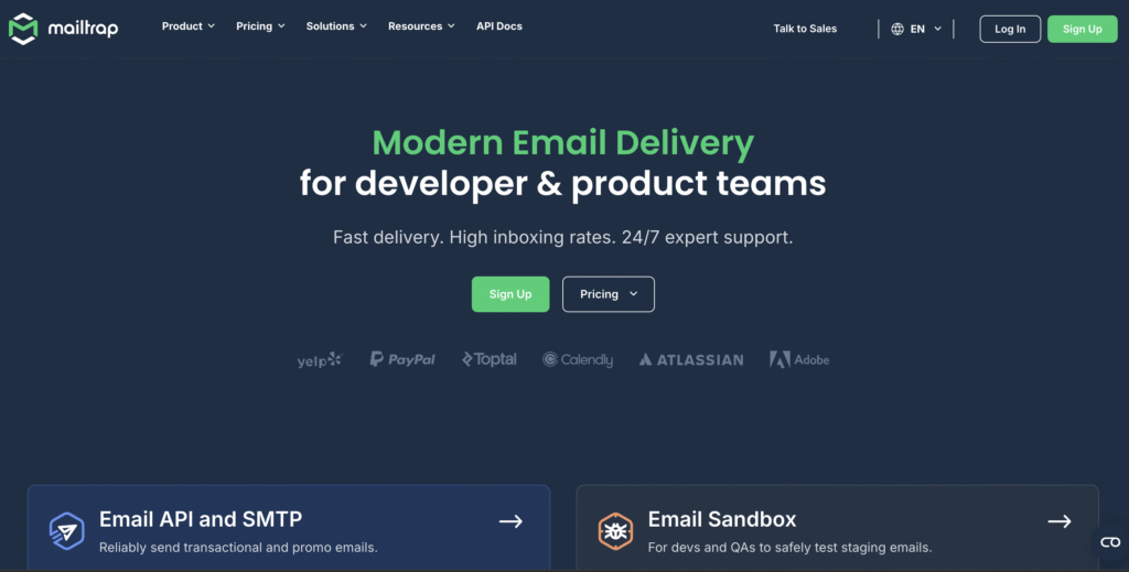 Homepage of Mailtrap