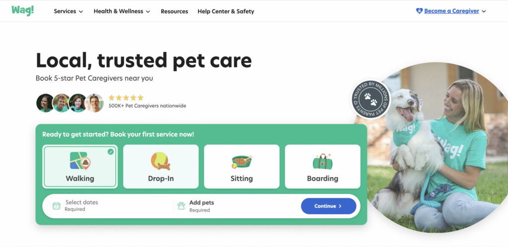 Wag! pet care services homepage