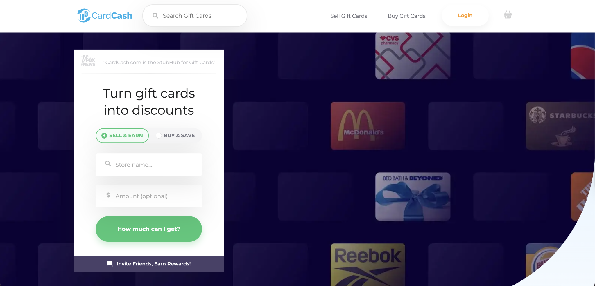 CardCash home page with Sell & Earn option selected