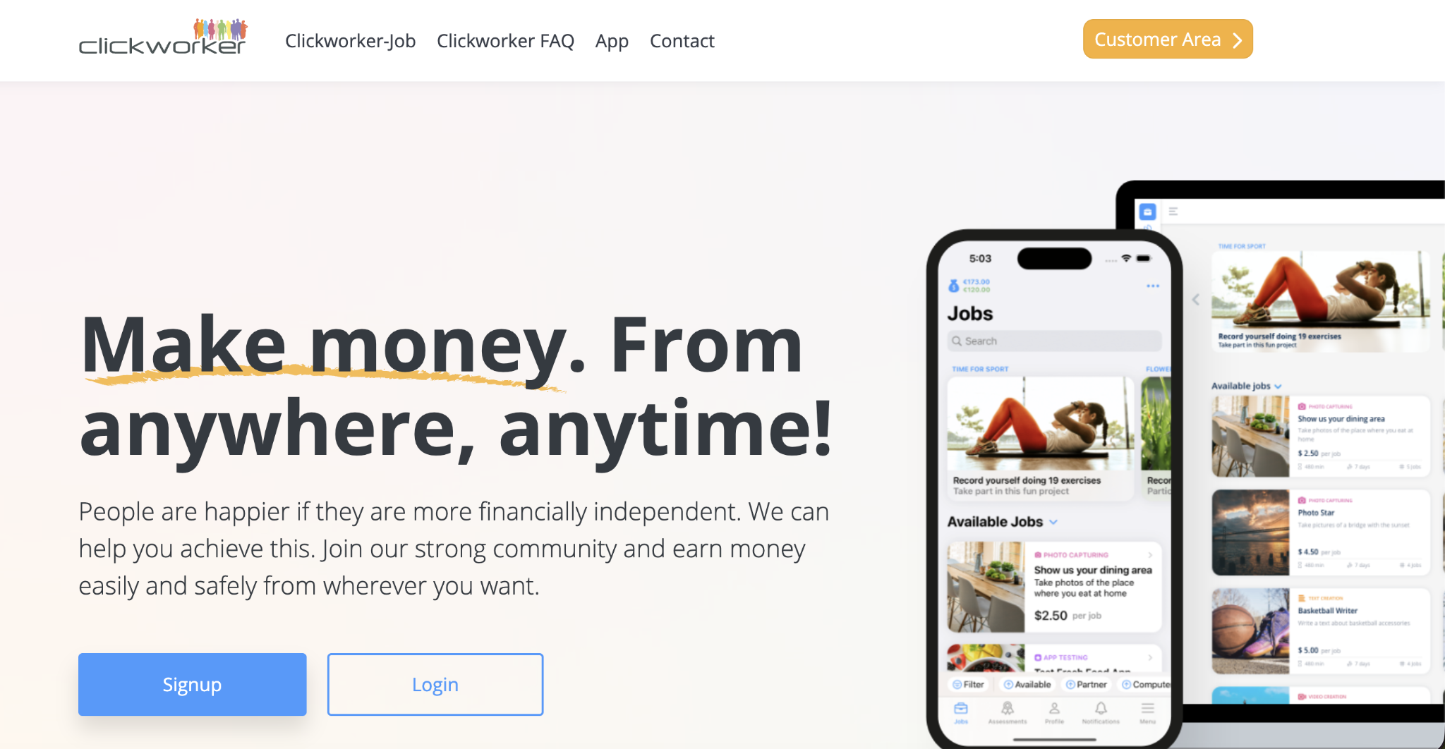 Clickworker homepage showing signup and login