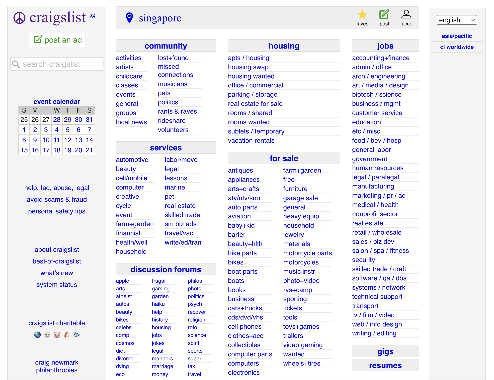 How to make money in one hour - Craigslist Singapore homepage feature ad types being offered