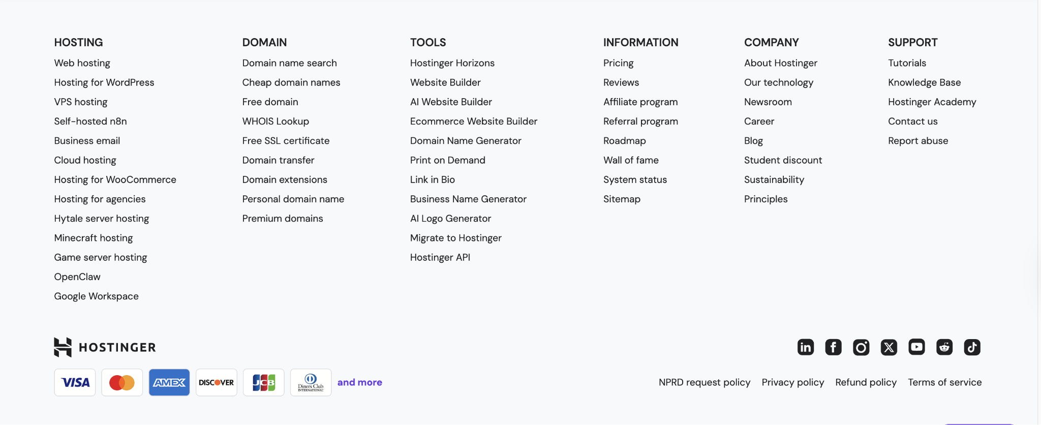 Hostinger home page footer