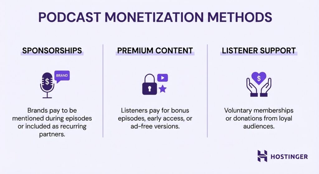 Infographic on podcast monetization methods: Sponsorships, premium content, and listener support with descriptions for each method.