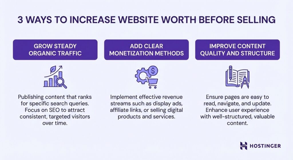 Infographic titled "3 Ways to Increase Website Worth Before Selling," detailing strategies for traffic growth, monetization, and content improvement that support creative ways to make money