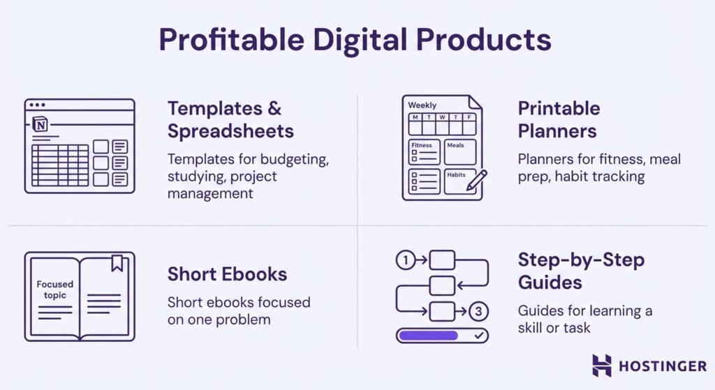 Graphic titled "Profitable Digital Products" showcasing creative ways to make money with templates, planners, short ebooks, and step-by-step guides for various uses.