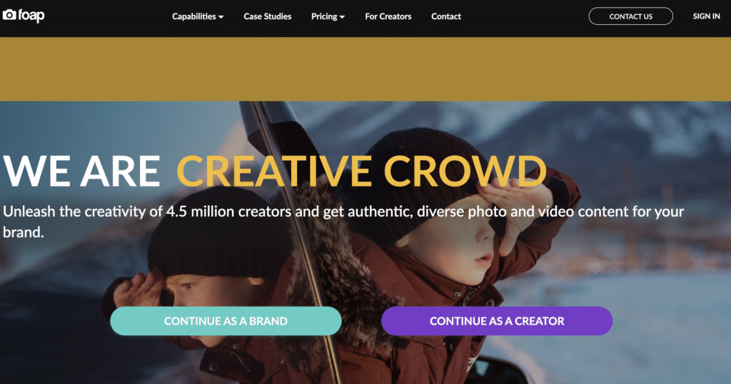 Homepage of Foap showcasing a tagline about creativity and options for brands and creators, set against a scenic outdoor background.