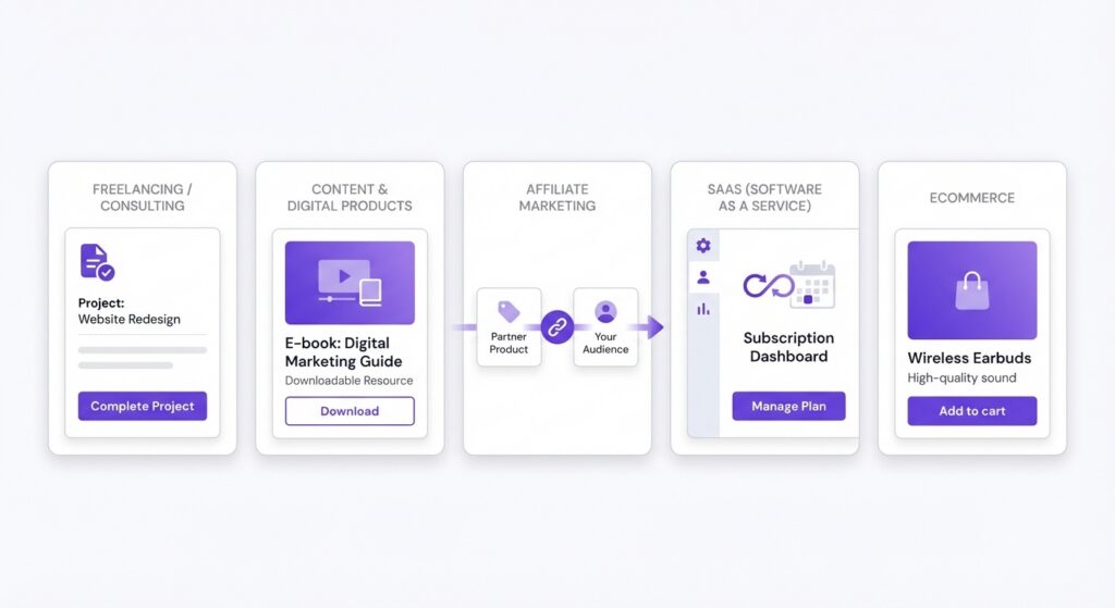 Visual comparison of five online business models: freelancing and consulting, content and digital products, affiliate marketing, SaaS subscriptions, and ecommerce products.
