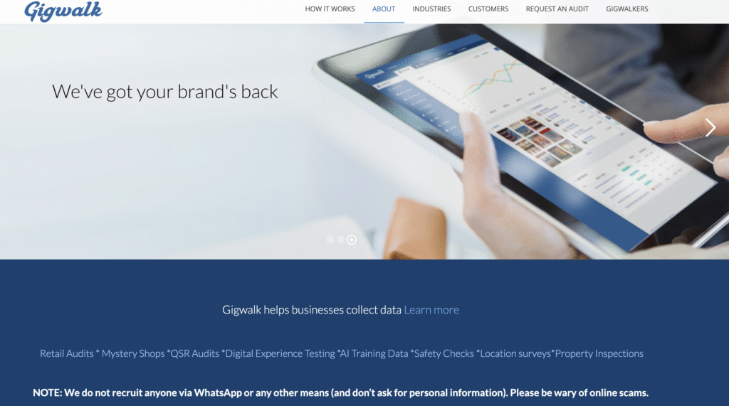 Gigwalk website homepage showing a tablet dashboard and the headline “We’ve got your brand’s back.”