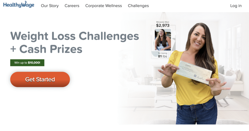 HealthyWage homepage featuring a woman in a yellow top holding a check, promoting HealthyWage's weight loss challenges with cash prizes up to ,000.
