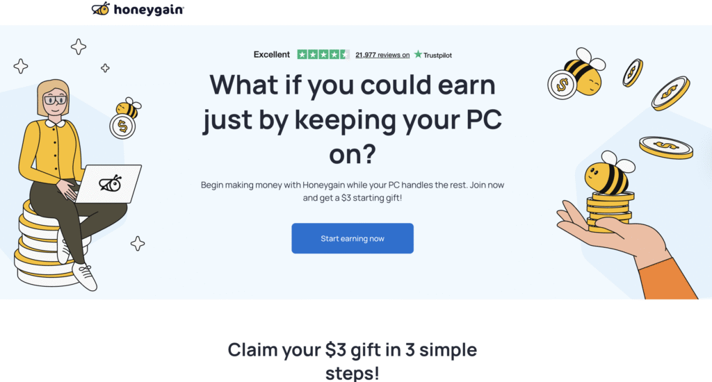 Honeygain homepage, illustrating a person earning money using Honeygain on a laptop, surrounded by coins and bees, promoting easy online earnings.