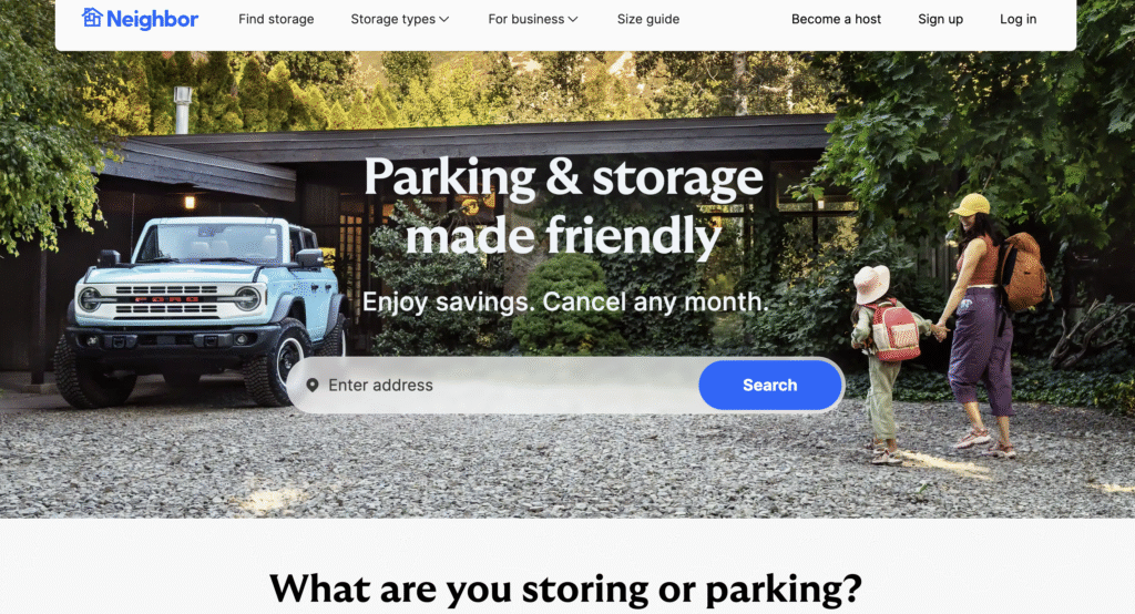 Neighbor homepage showing a driveway parking scene and the headline “Parking & storage made friendly.”