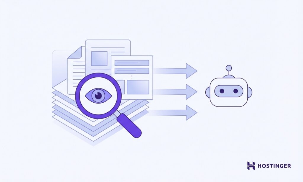 An illustration showing a magnifying glass over documents, with data flowing to a robot, representing information analysis and automation.