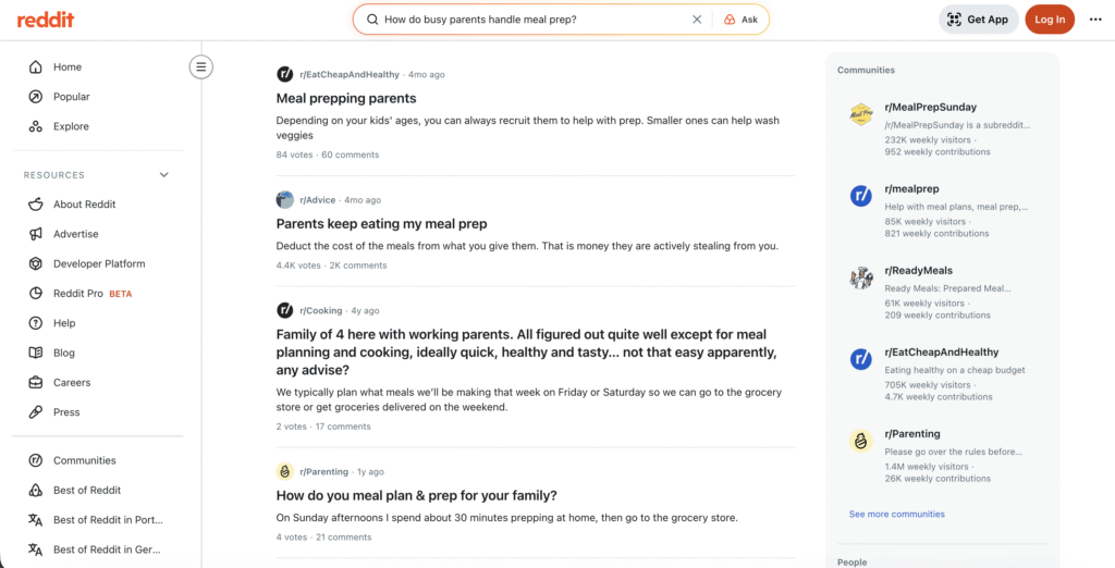 How to start a side business - Reddit search page showing results for "How do busy parents handle meal prep?"