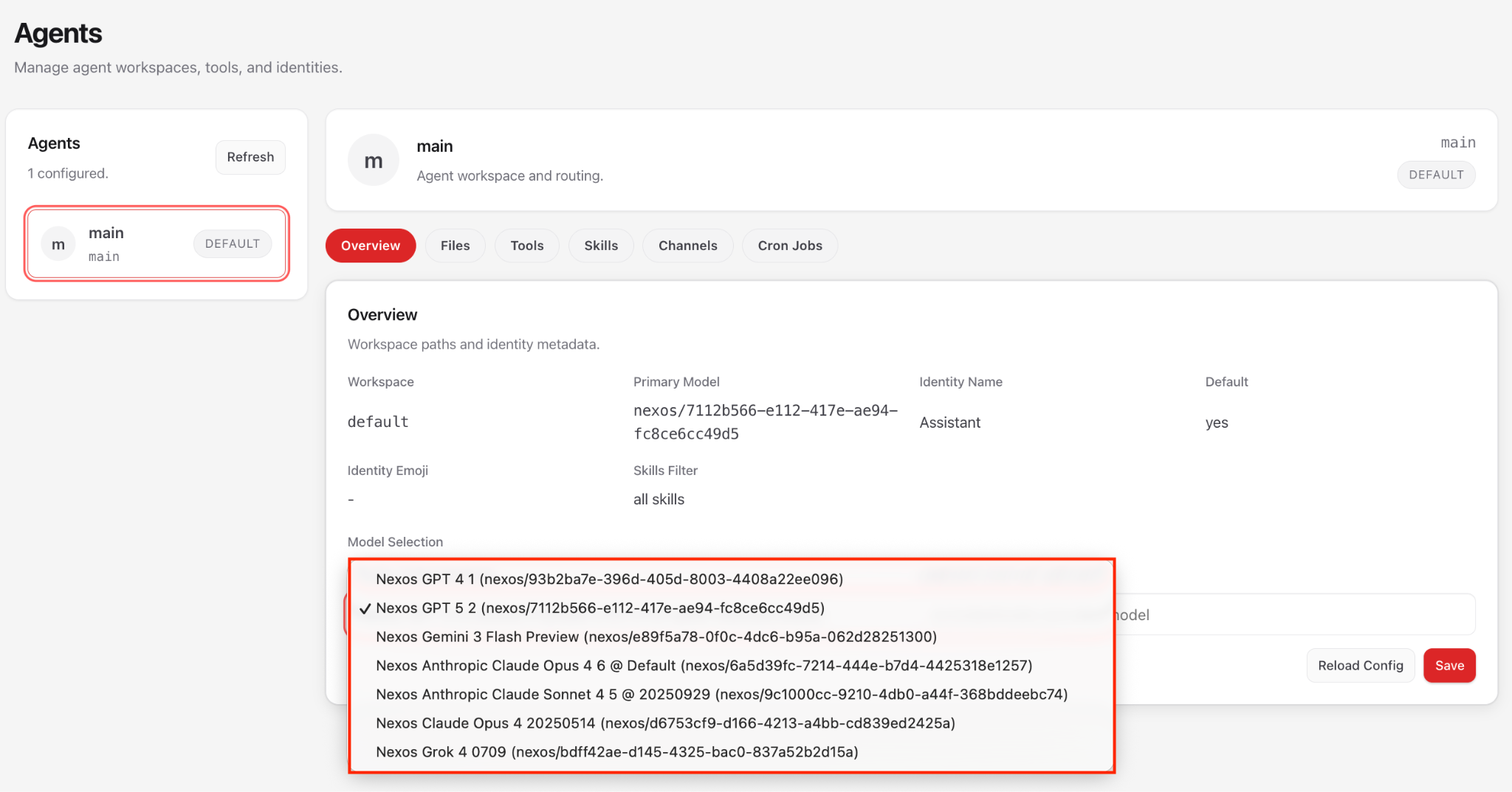 OpenClaw Agents page showing model selection dropdown with available AI models