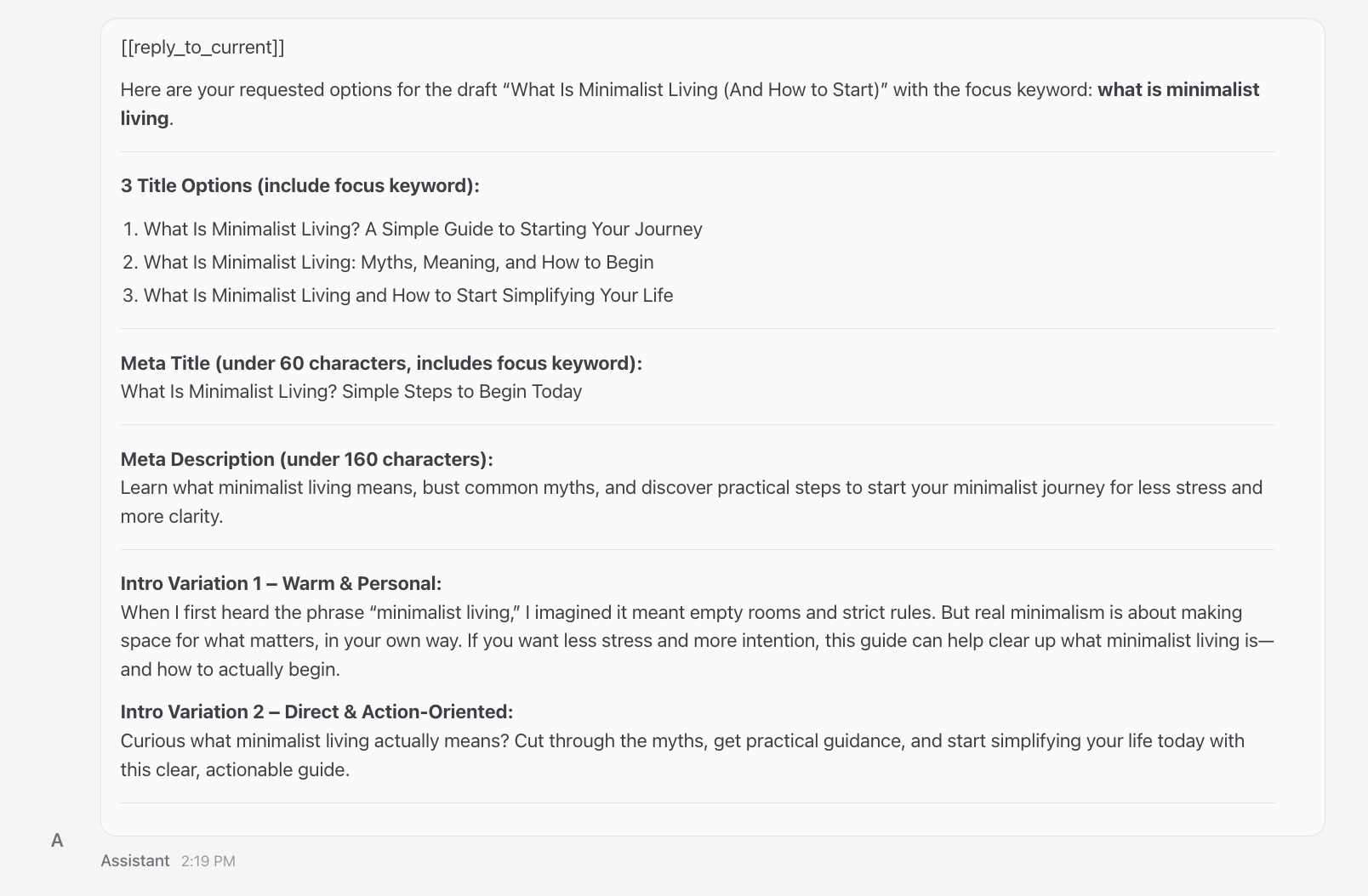 OpenClaw chat showing title options, meta title, meta description, and intro variations