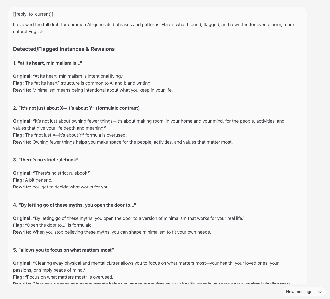 OpenClaw chat flagging AI-generated phrases and providing plain English rewrites