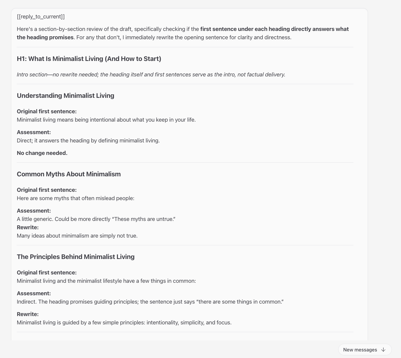 OpenClaw chat reviewing whether each section's first sentence matches its heading