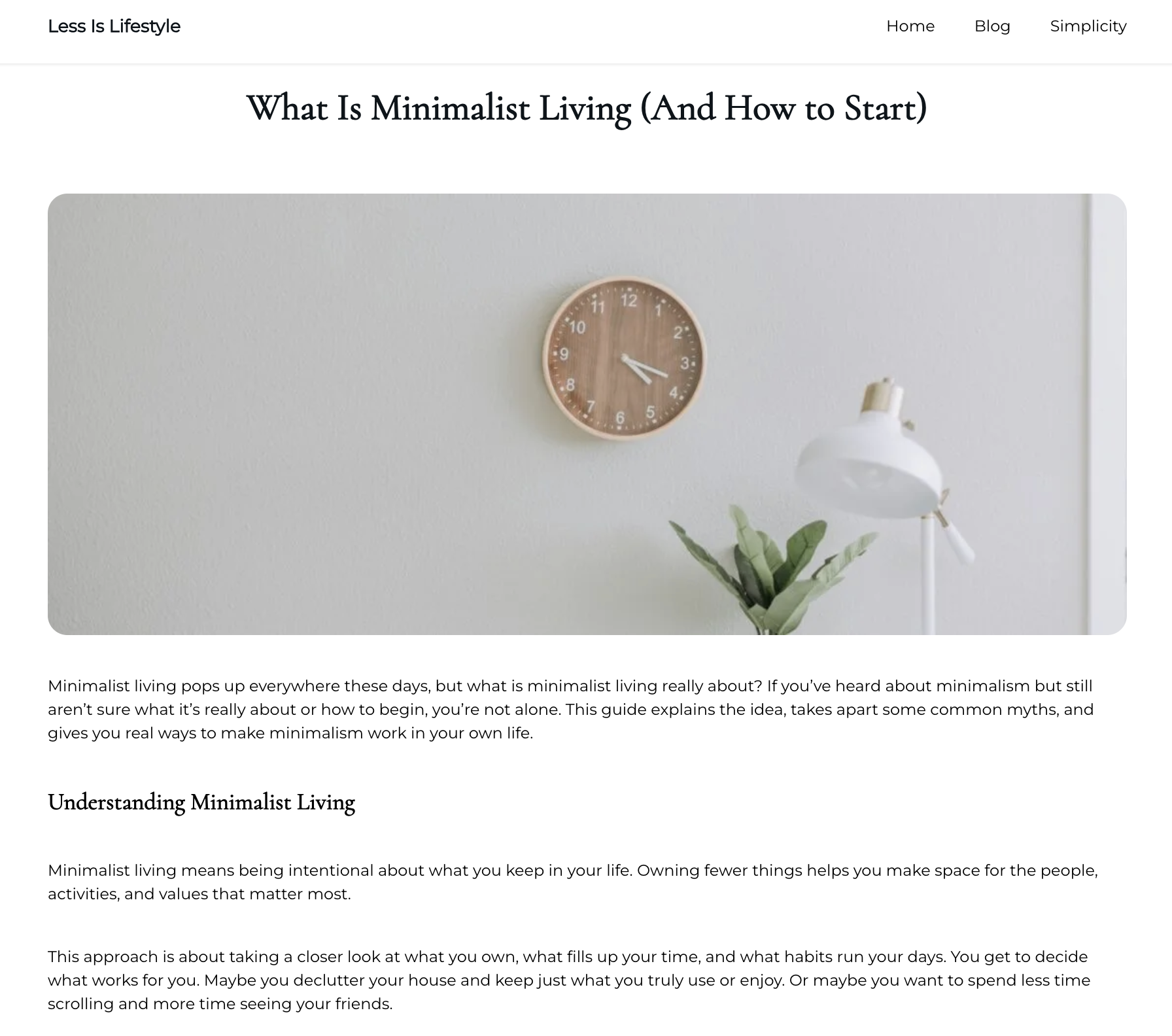 WordPress frontend showing the published What Is Minimalist Living blog post