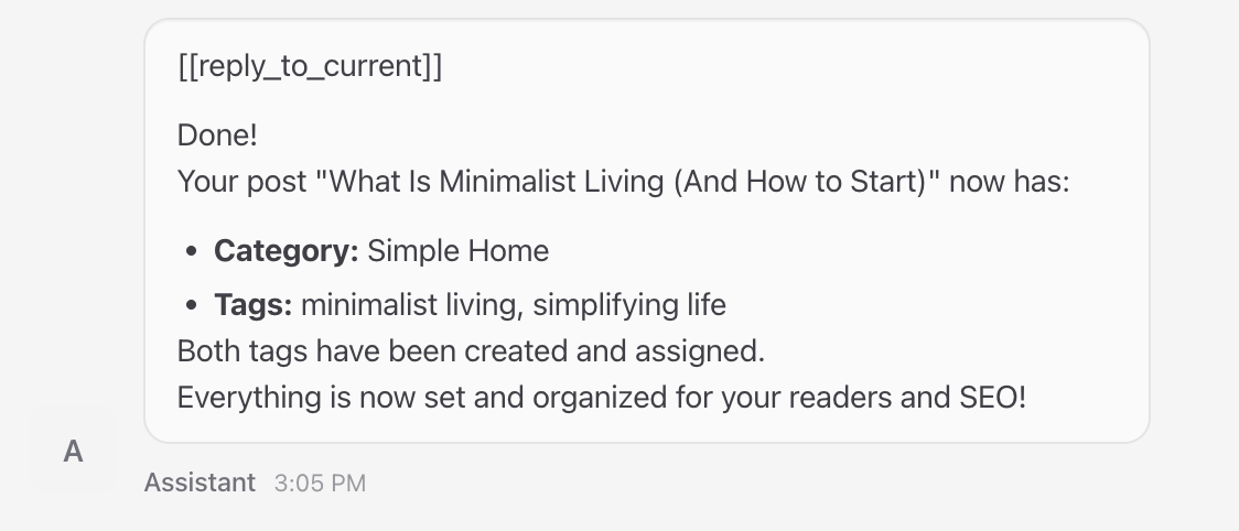 OpenClaw chat confirming category and tags have been applied to the WordPress post