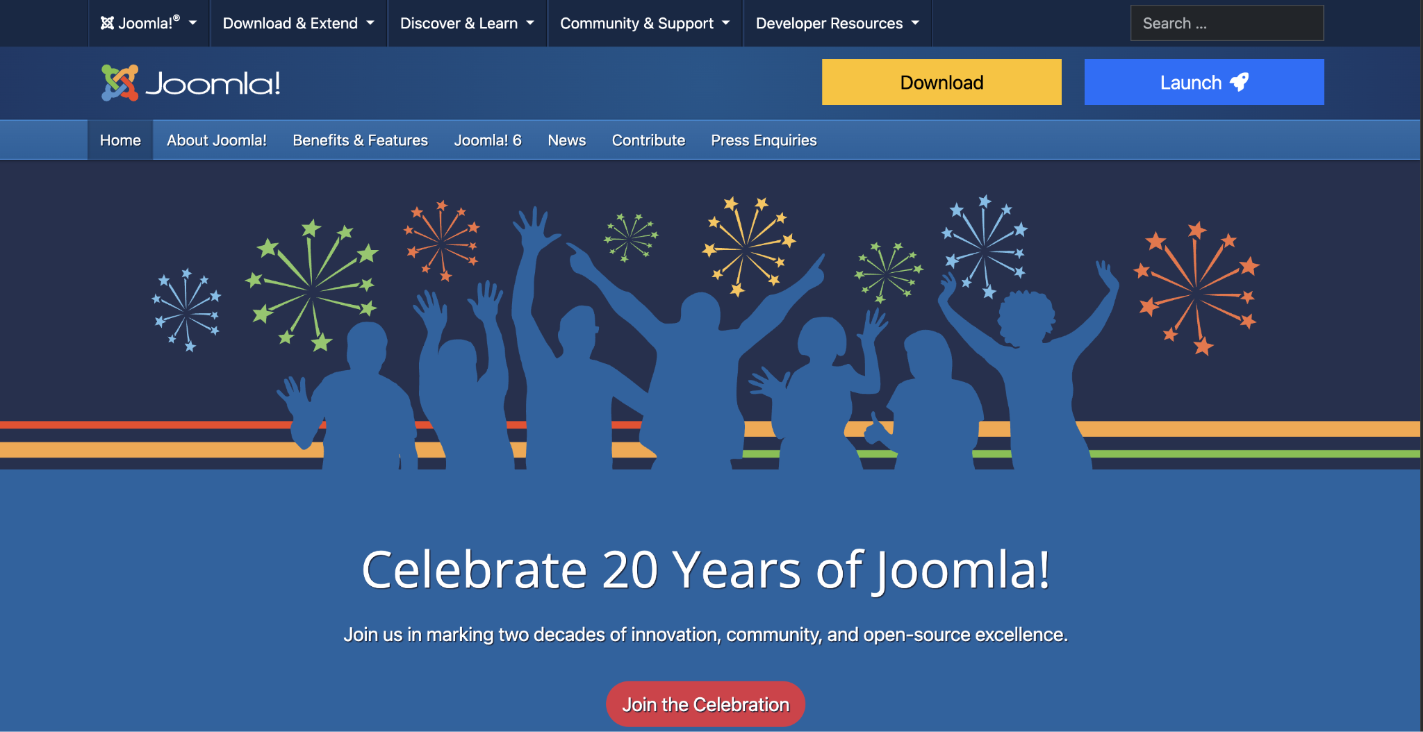 Joomla home page, celebrating 20 years