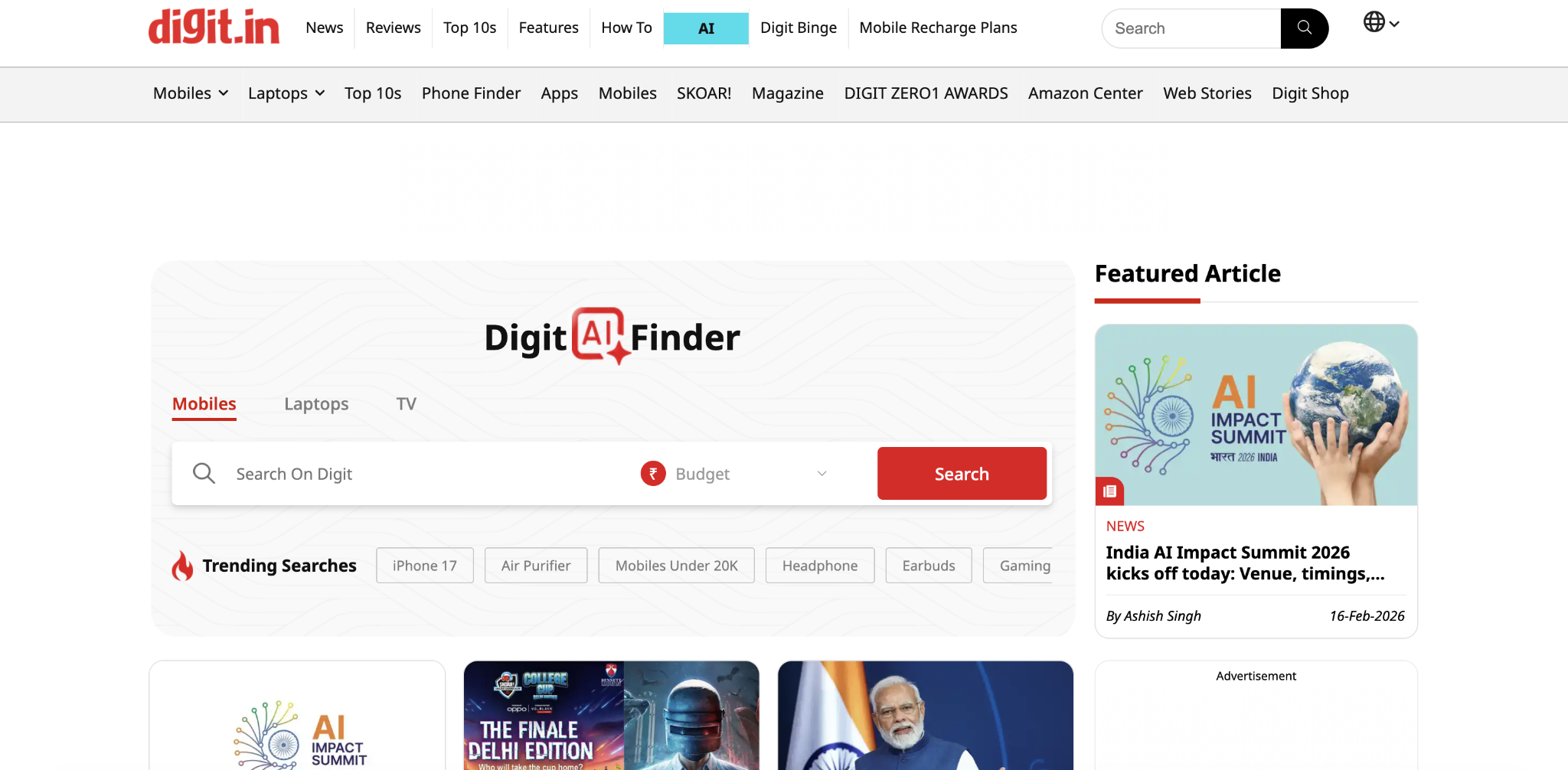 digit.in home page, featuring articles and a search bar for gadgets