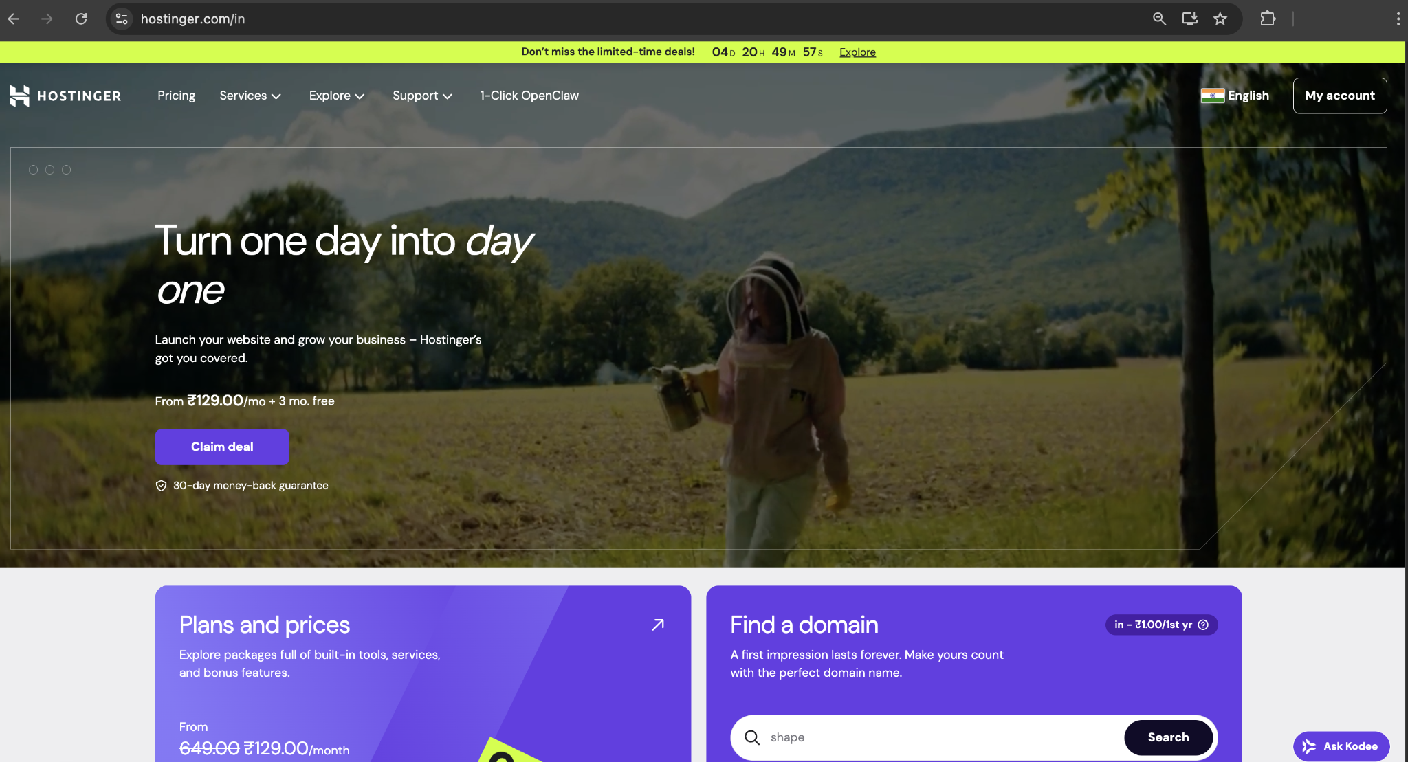 Hostinger's /in home page