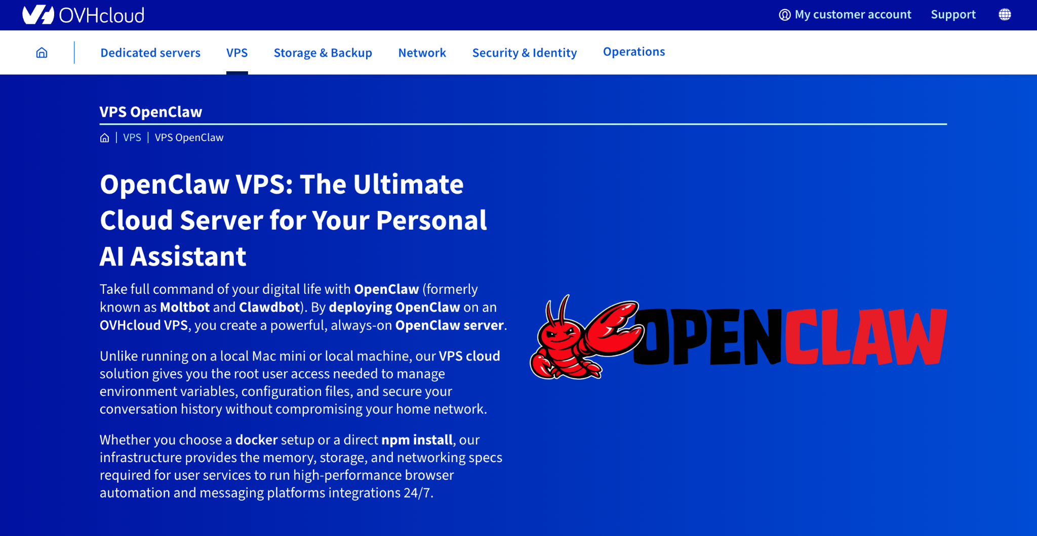 OVHcloud OpenClaw hosting's landing page