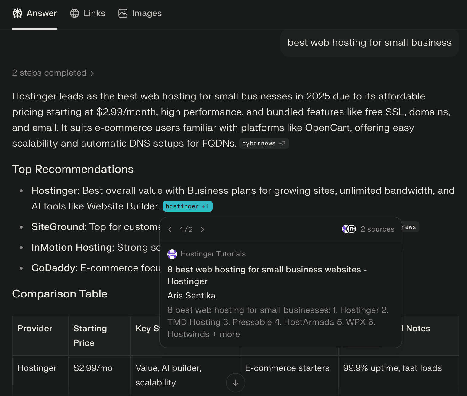 Perplexity results for "best web hosting for small business"