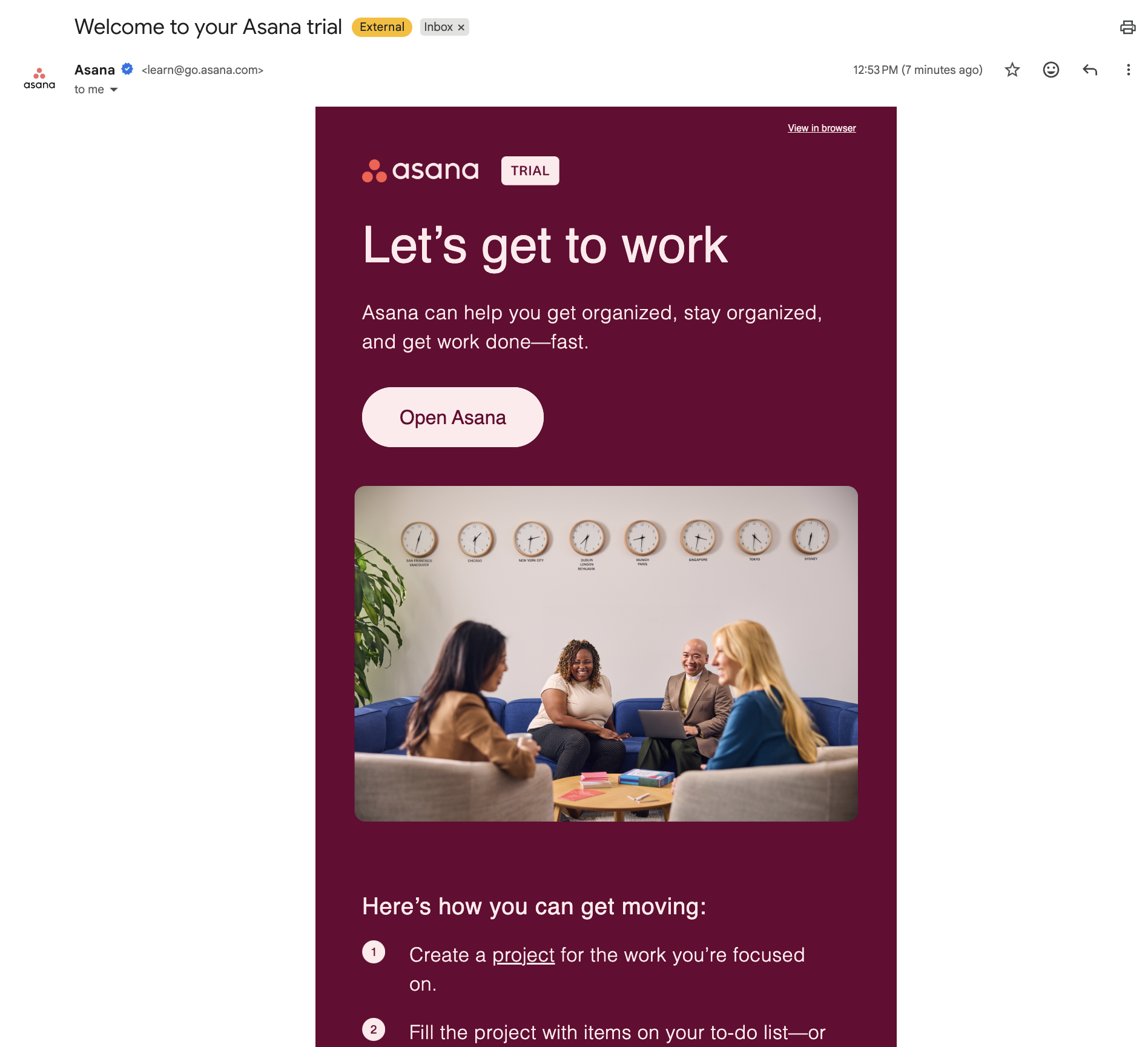 Asana trial welcome email