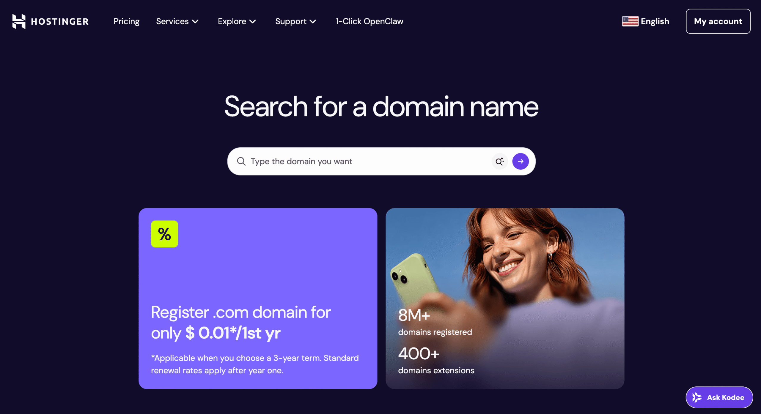 Hostinger domain search page showing .com deals and stats