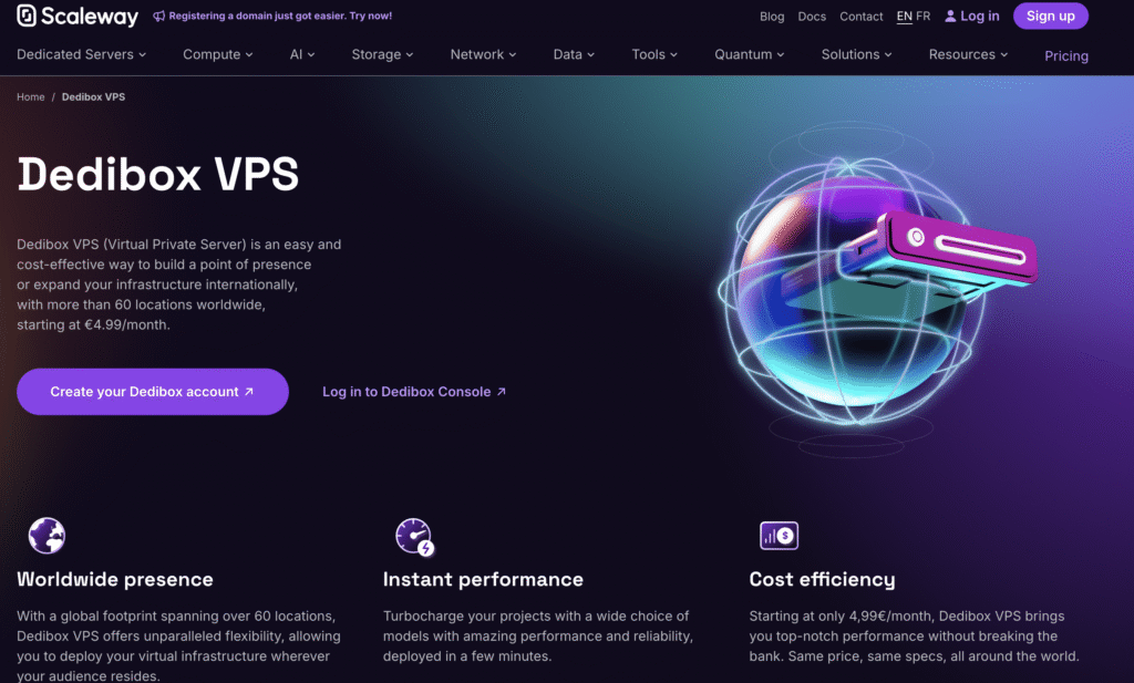 Scaleway's Dedibox VPS page promoting global virtual private servers with features like worldwide presence, performance, and cost efficiency.