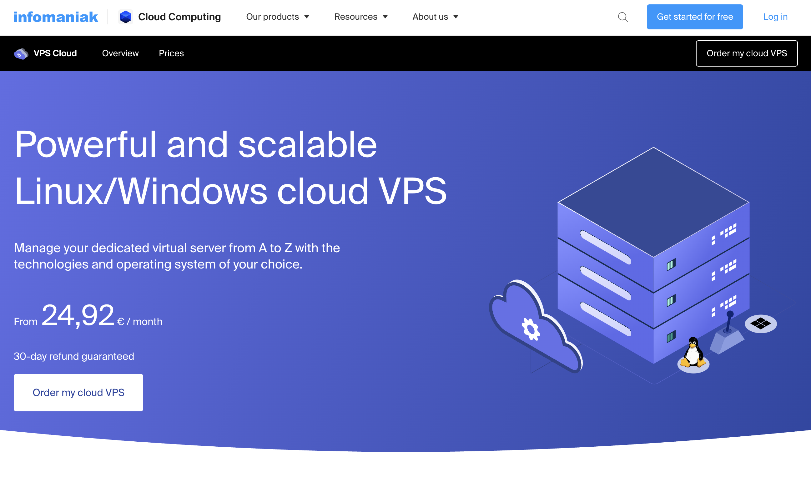 Infomaniak VPS Cloud page featuring scalable Linux/Windows servers, starting at €24.92/month with 30-day refund guarantee.