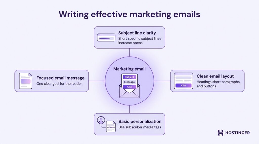 Diagram showing four tips for writing effective marketing emails: subject line clarity, focused message, clean layout, and basic personalization.