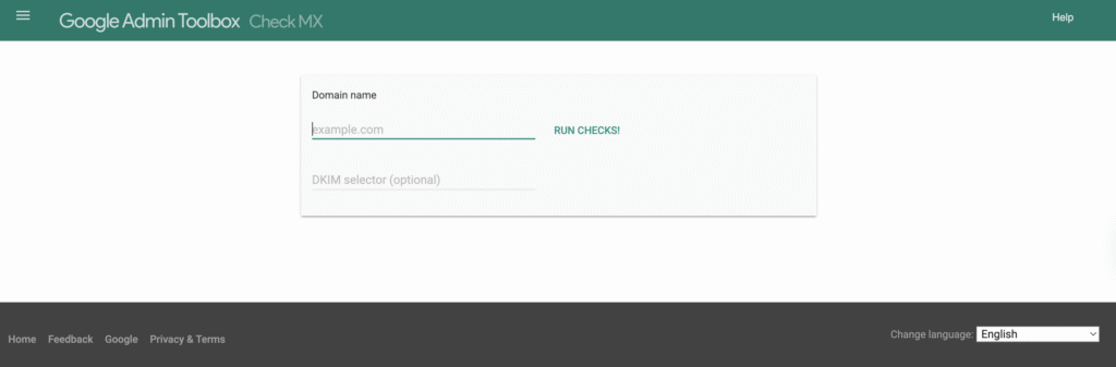 Input interface for Google Admin Toolbox Check MX, featuring fields for domain name and DKIM selector, with a "RUN CHECKS!" button.