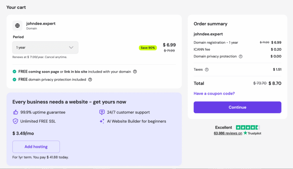 Hostinger domain purchasing's cart page