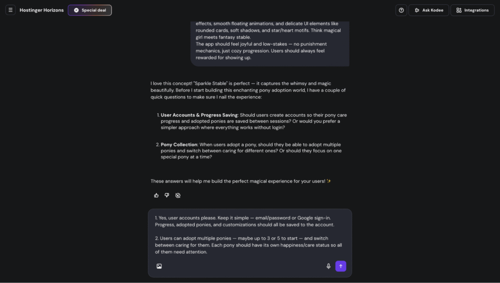 hostinger-horizons-clarifying-questions Hostinger Horizons' AI agent ask some questions before generating code