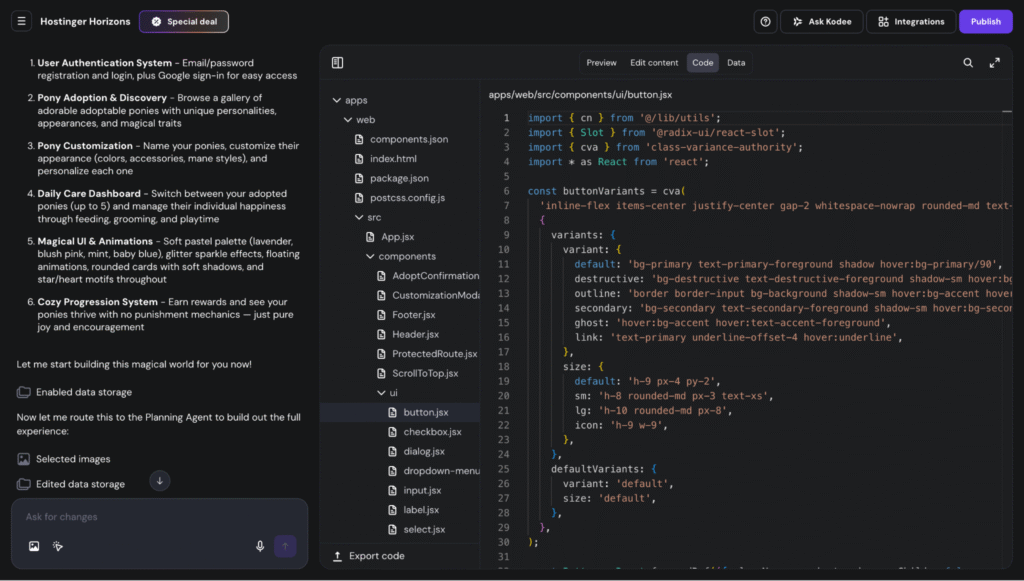 hostinger-horizons-code-editor Hostinger Horizons' code editor