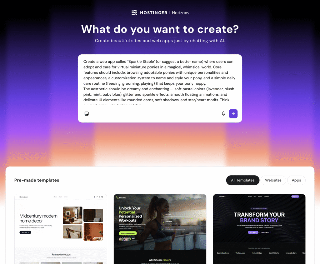 hostinger-horizons-first-interface Hostinger Horizons' first interface